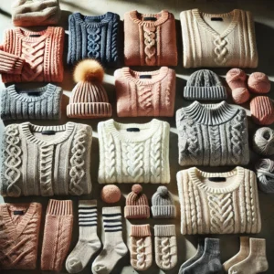 DALL·E 2025-02-13 20.30.20 - A collection of knit clothing items displayed in an appealing arrangement. The image includes sweaters, cardigans, scarves, beanies, socks, and mitten